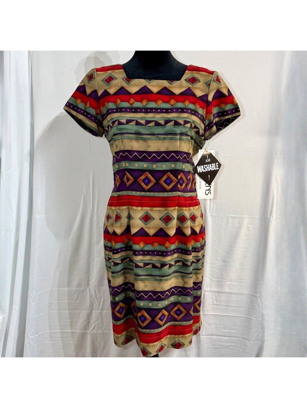 Vintage Deadstock J Stevens Petite Multicolor Geometric Dress Cap Sleeves Size 4